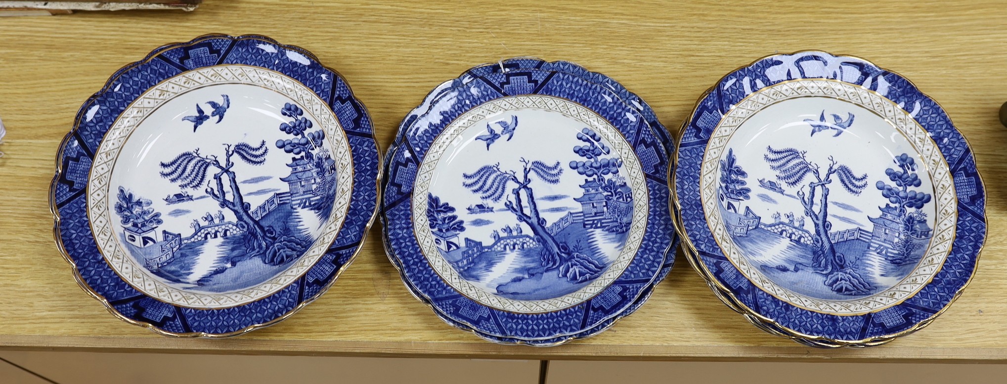 Six Booths ‘Real Old Willow’, blue and white dishes and two plates